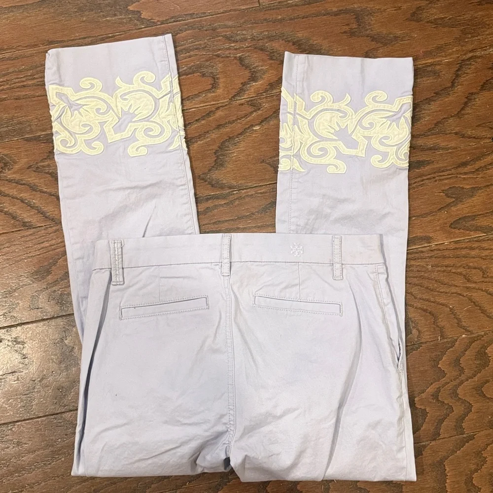 Tory Burch Adrienne light purple embroidered chinos, size 28